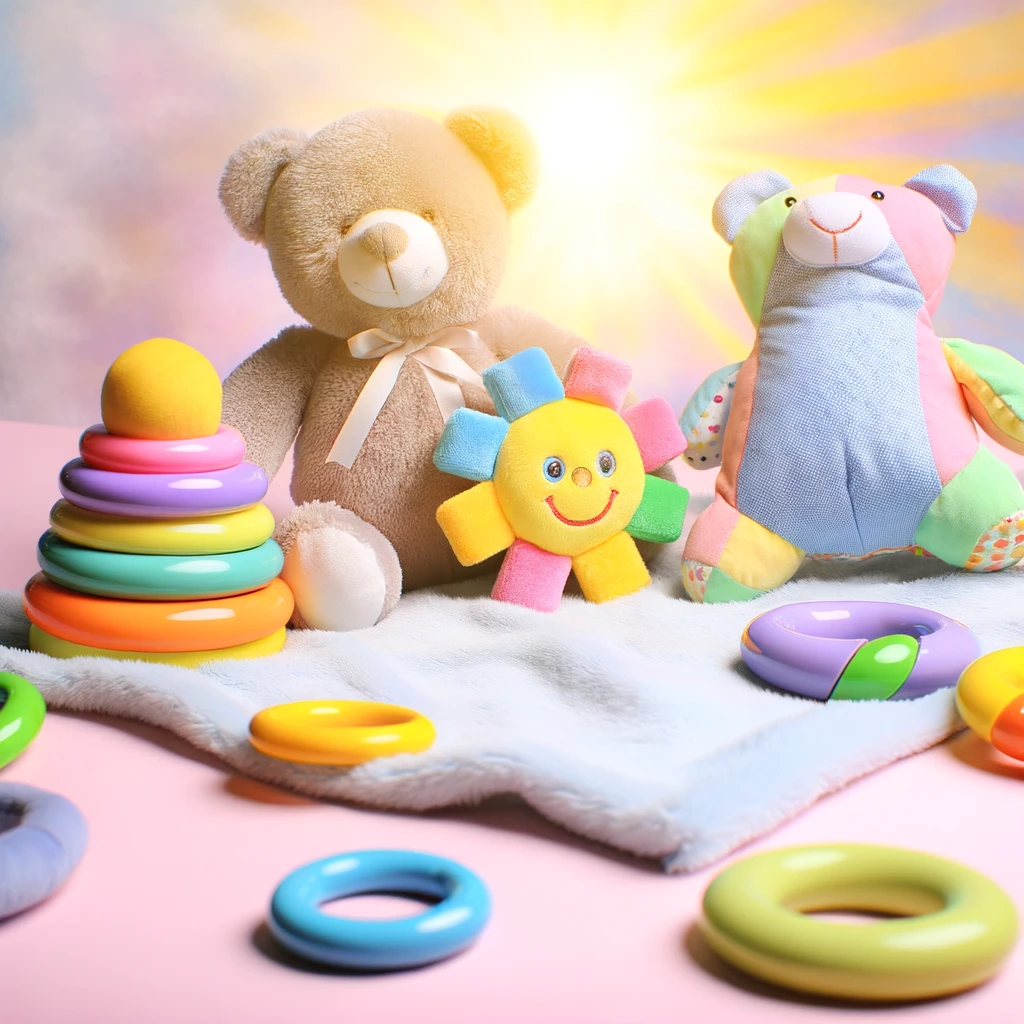 Variedad de juguetes para bebés en colores vivos sobre un fondo pastel, diseñados para estimular el aprendizaje y la diversión sensorial.