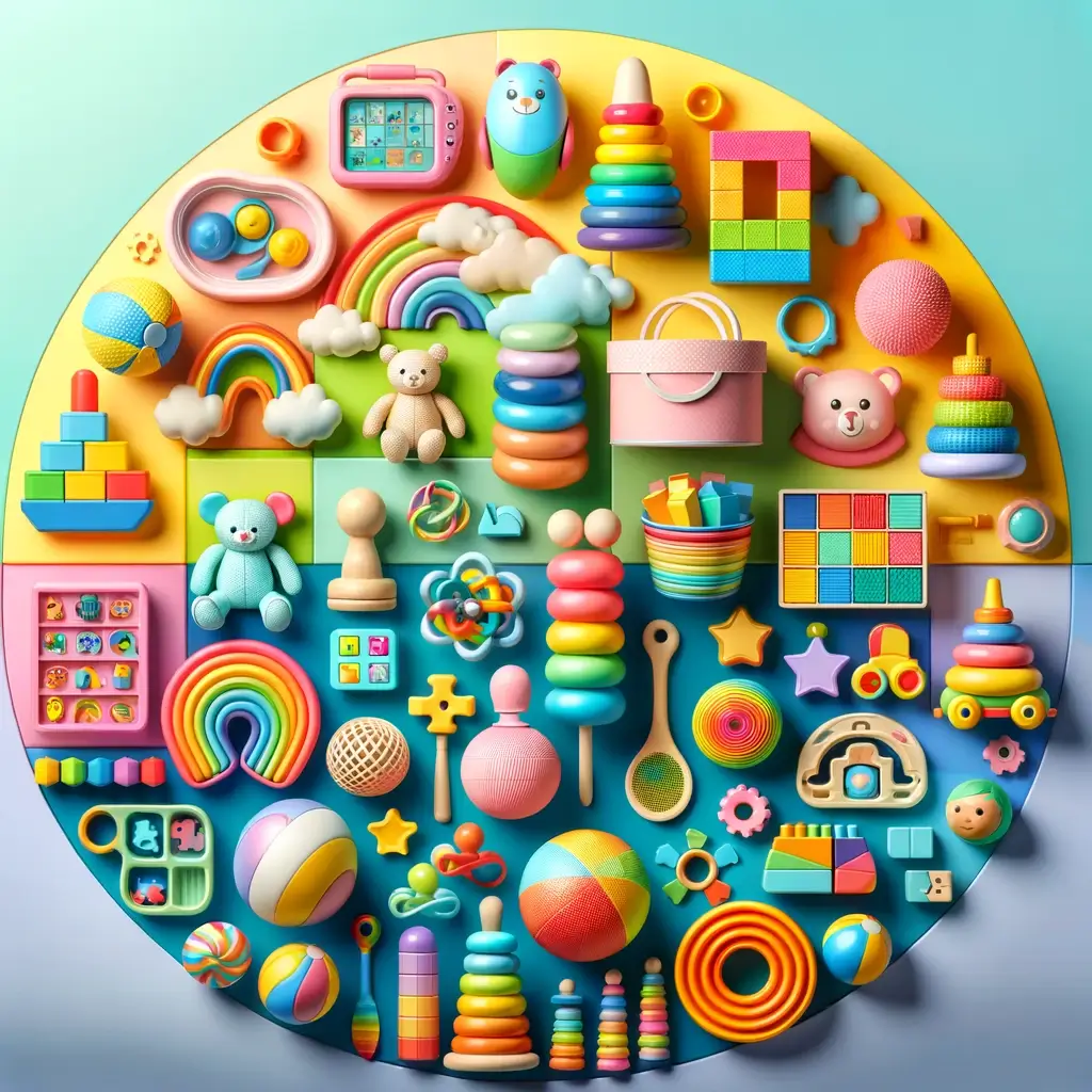 Variedad de juguetes educativos organizados por edad - pelotas sensoriales, bloques de construcción, rompecabezas y juegos educativos, en un fondo colorido y alegre