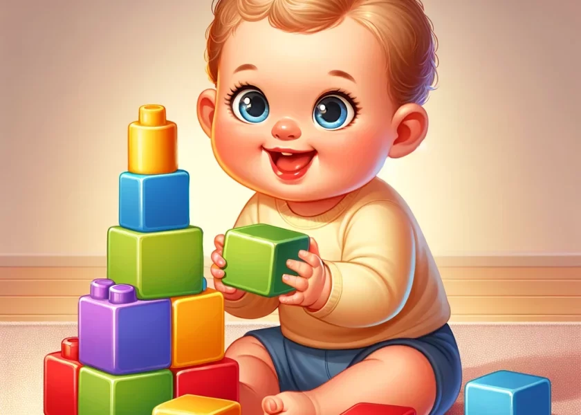Bebé sonriente sentado en el suelo rodeado de bloques de construcción de colores brillantes, levantando un bloque con alegría