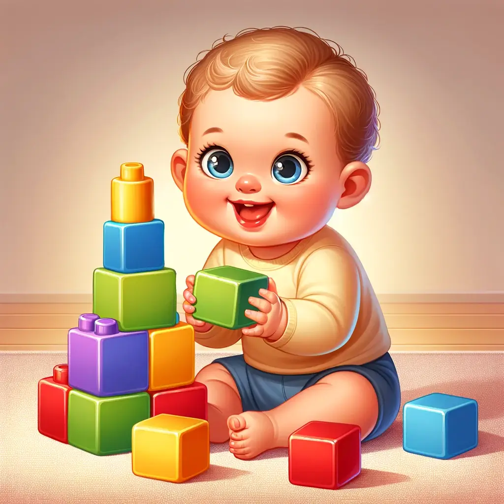 Bebé sonriente sentado en el suelo rodeado de bloques de construcción de colores brillantes, levantando un bloque con alegría