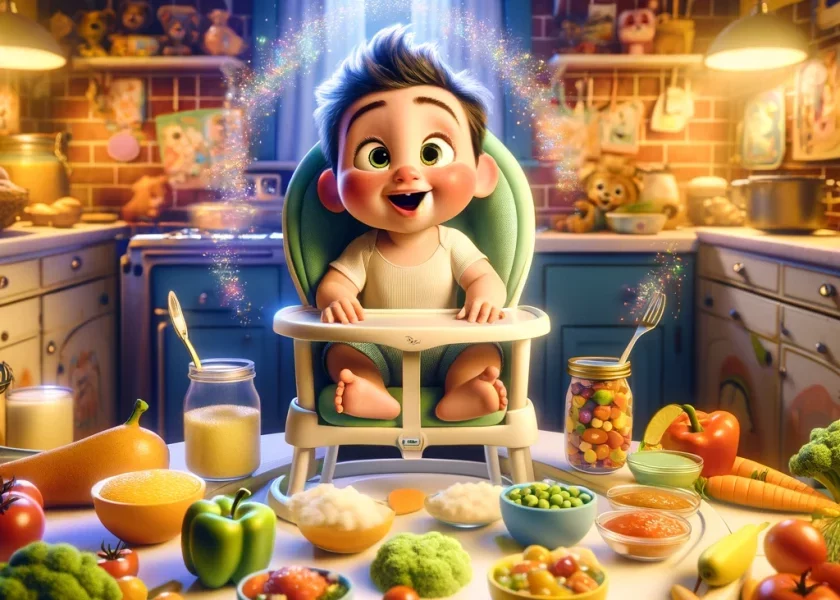Un bebé animado, expresivo y lleno de vida, sentado en una silla alta, rodeado de coloridos alimentos sólidos, explorando con curiosidad y alegría.