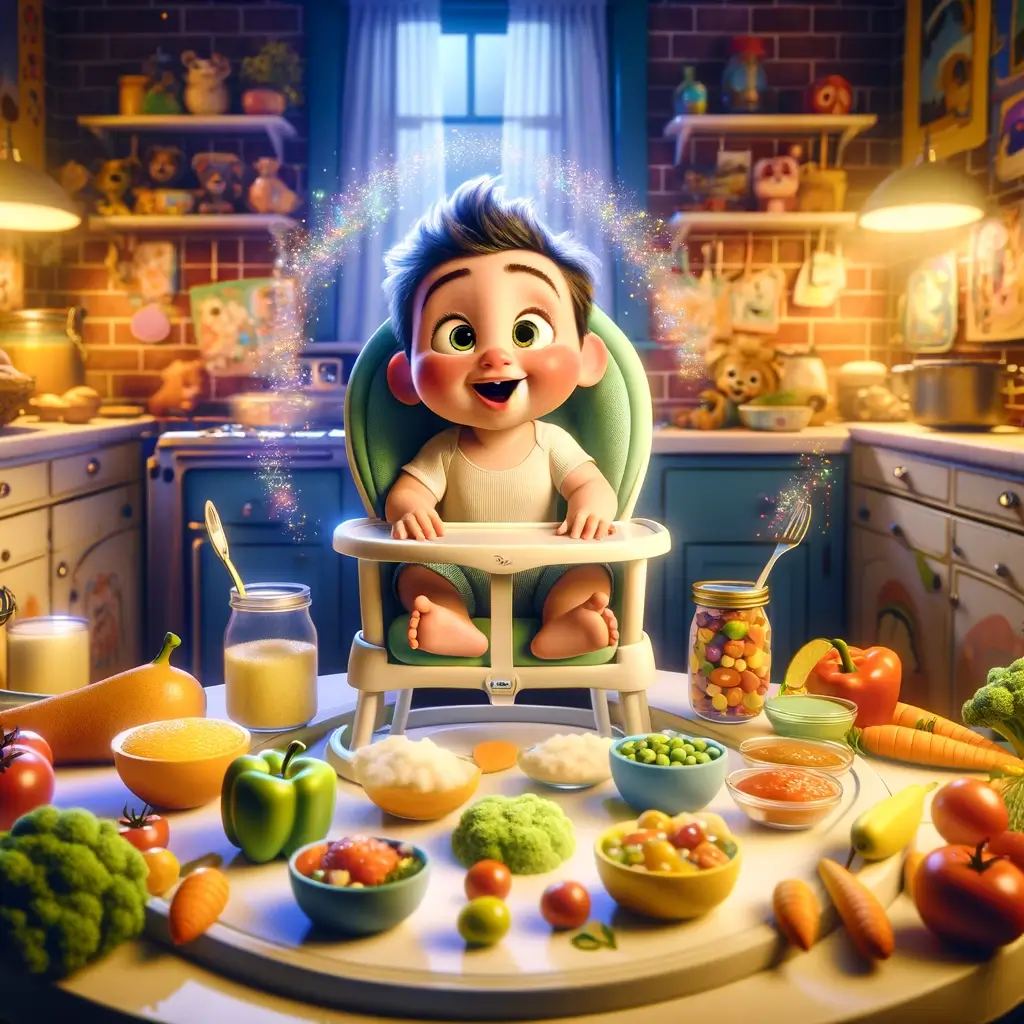 Un bebé animado, expresivo y lleno de vida, sentado en una silla alta, rodeado de coloridos alimentos sólidos, explorando con curiosidad y alegría.